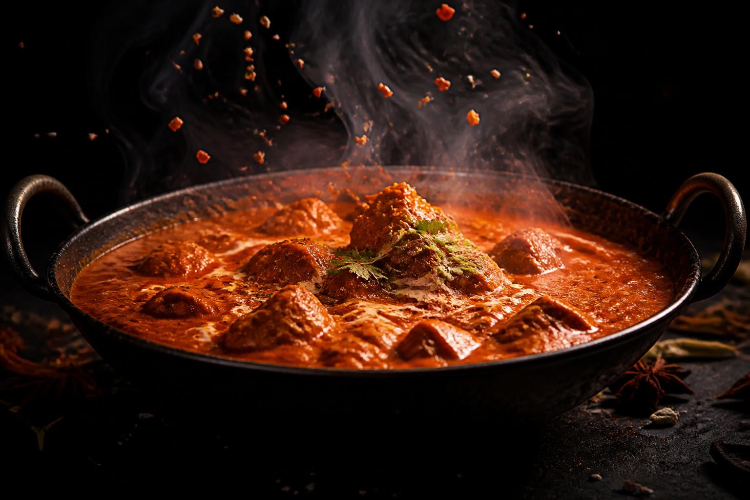 Sizzling curry in einer Karahi